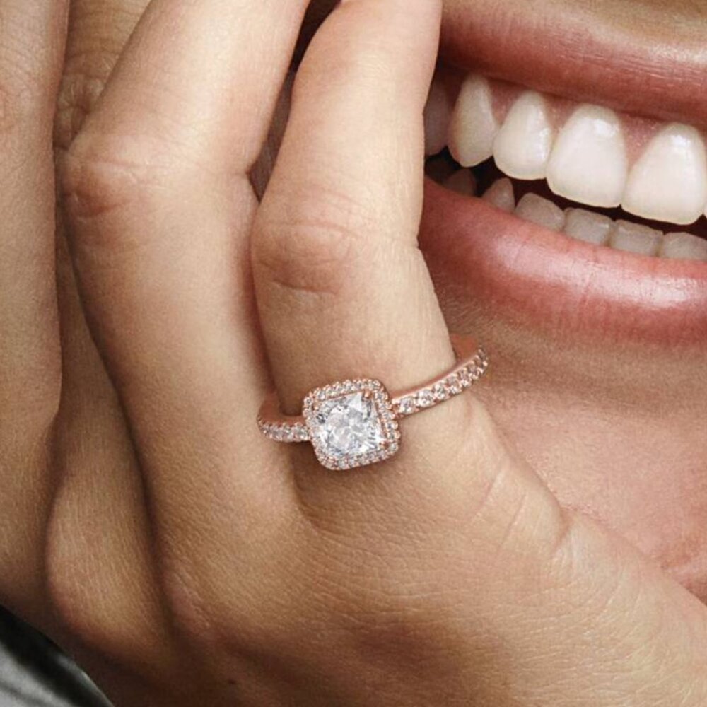 Pandora Square Sparkle Halo Ring 14k rose gold plating- size 6